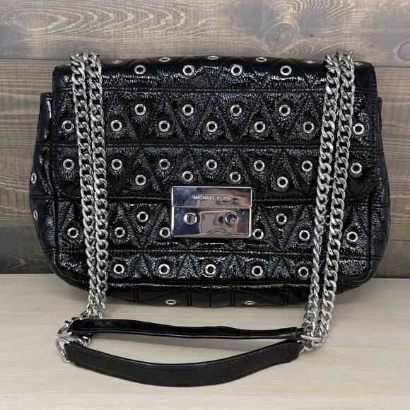 Michael Kors Sloan Grommeted Patent Glossy Leather Shoulder Bag Black Purse - Picture 1 of 12